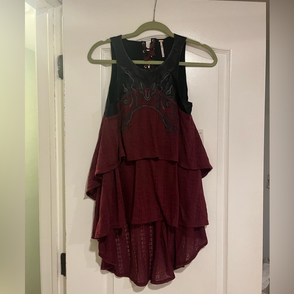 Free People  Lace w/Faux Leather Embroidered Tunic Top